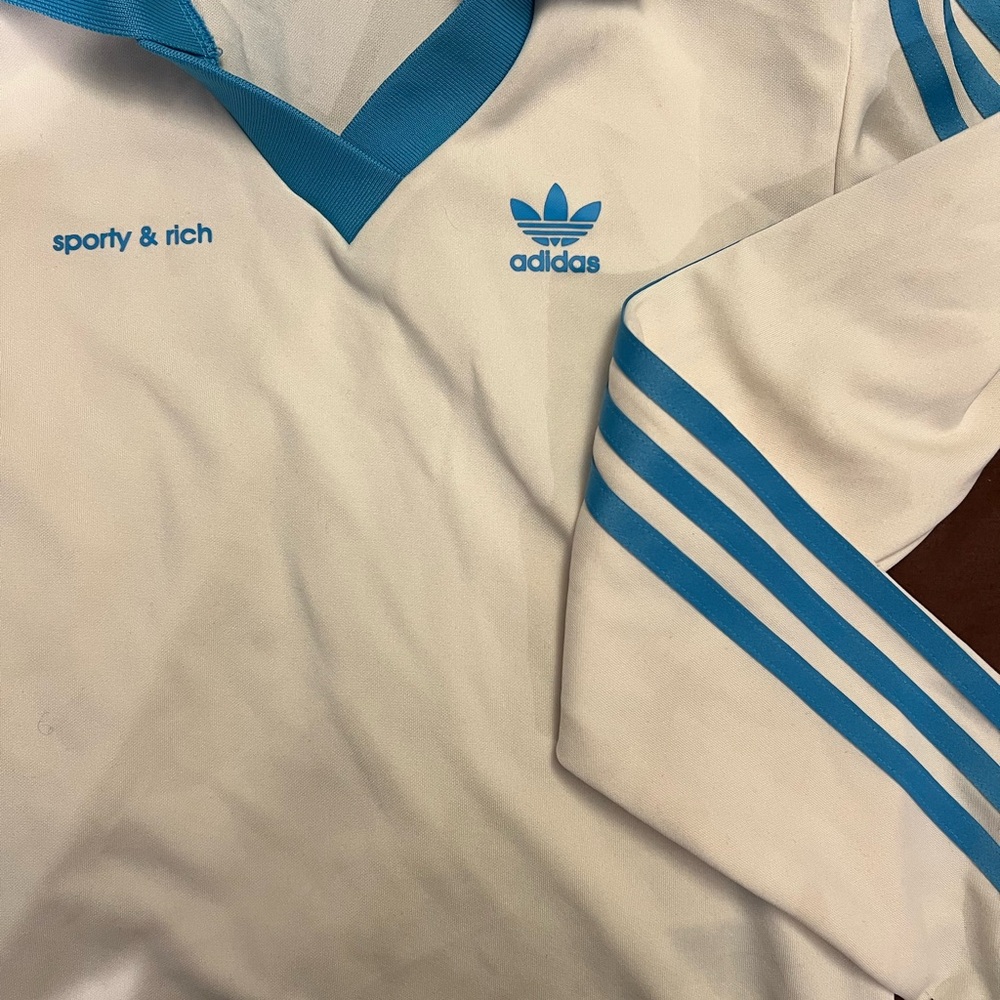 adidas cream and blue V-neck Polo Sweatshirt